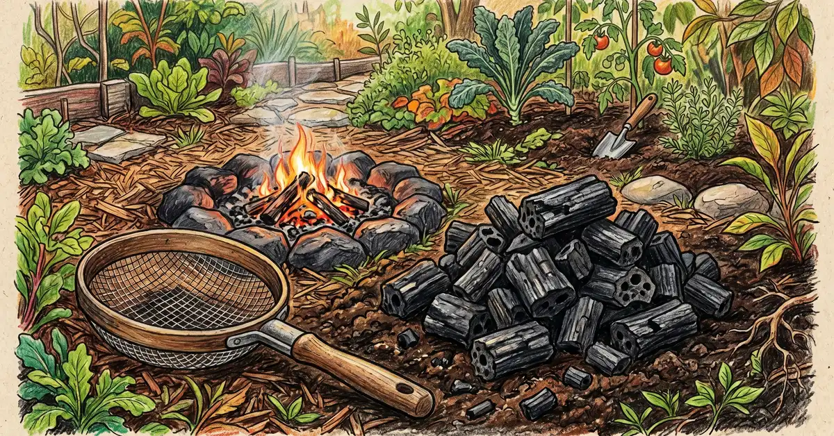 Pile of dark biochar pieces ready for soil incorporation, beside a fire pit.