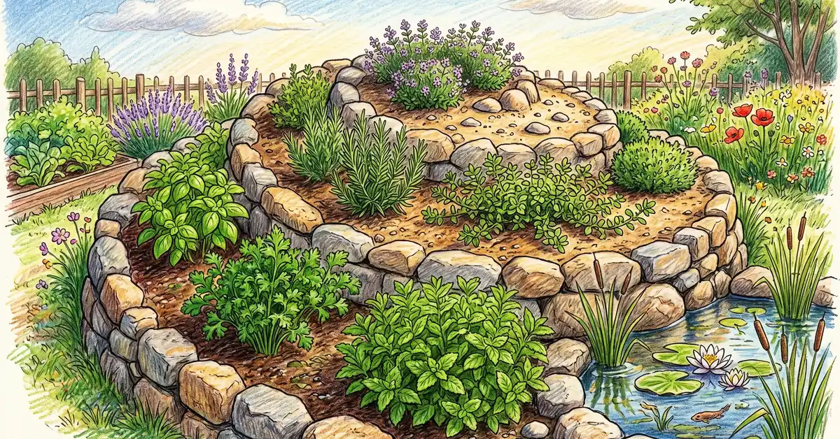Pencil crayon close-up of a Sepp Holzer herb spiral garden with thyme at the top, rosemary and oregano in the middle, basil at the moist base, and mint near a small pond