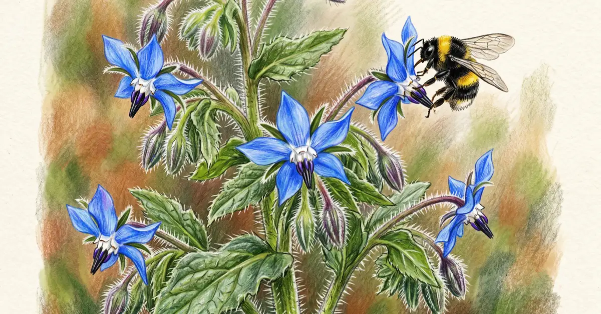 Pencil-crayon close-up of a single borage plant with bright blue star-shaped flowers, black anthers, hairy stems, and a bumblebee visiting one of the blooms