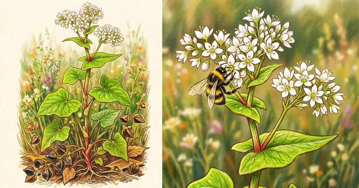 Pencil-crayon close-up of a single buckwheat plant showing the bright green heart-shaped leaves, the cluster of small white star-shaped flowers, and the triangular dark brown seeds at the base
