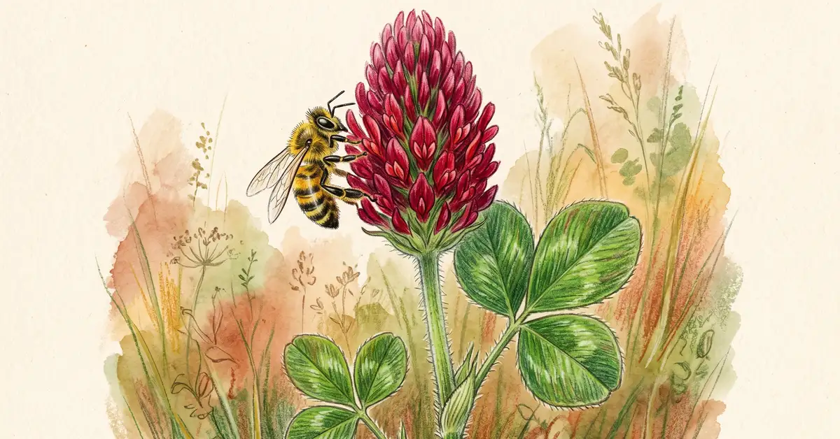 Pencil-crayon close-up of a single crimson clover plant with deep crimson cone-shaped flower head, trifoliate leaves, and a bee visiting the bloom