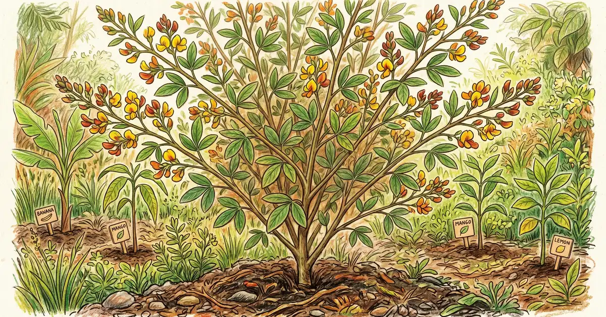 Close-up illustration of a pigeon pea plant in flower used as a placenta in syntropic agriculture.