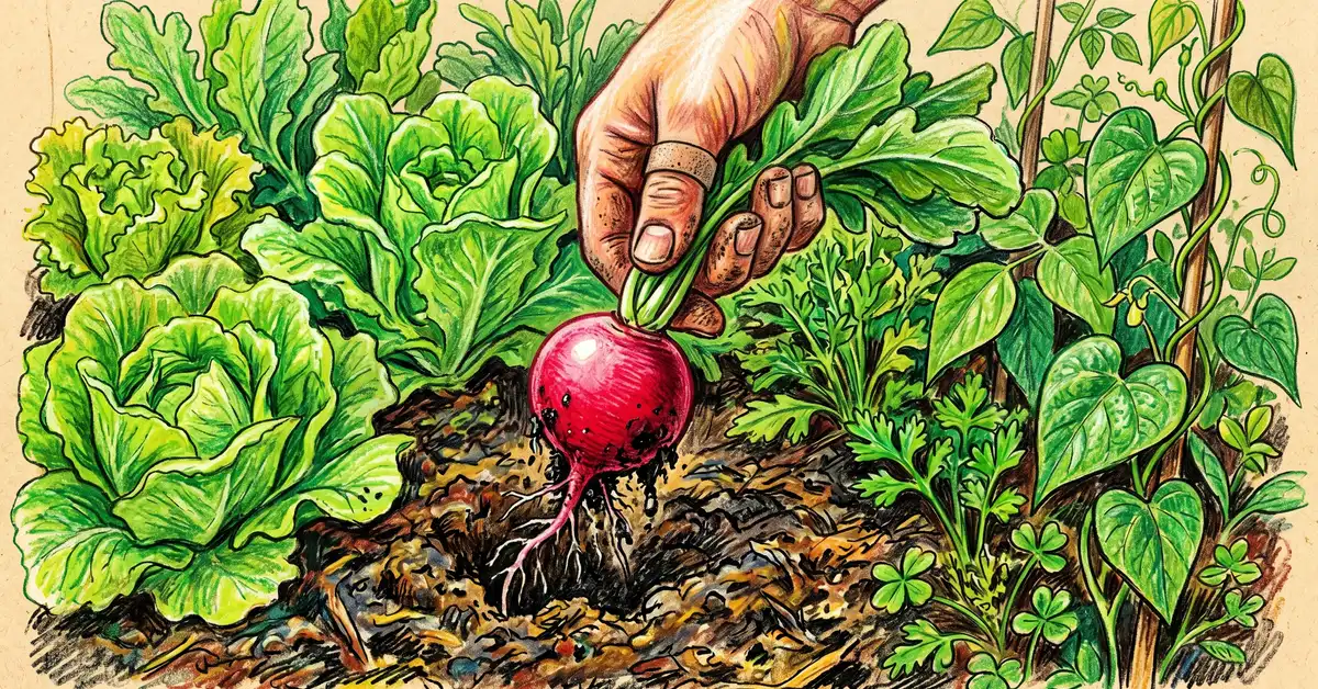 A single radish being pulled from soil with leaves visible.