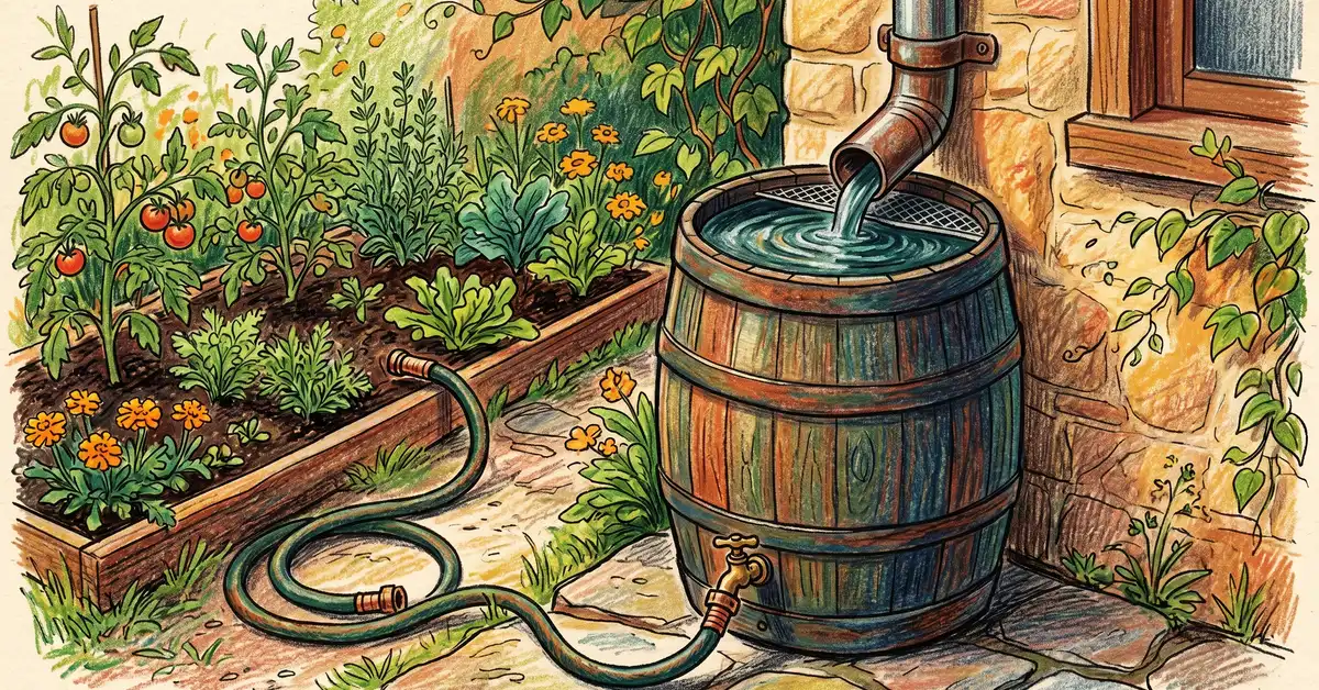 Single rainwater barrel under a house gutter with hose and garden bed.