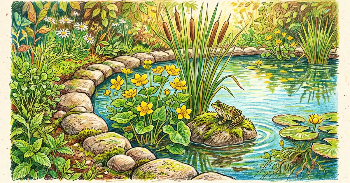 Pencil crayon close-up of a small backyard pond with scalloped edges and marsh marigold, watercress, mint, and cattail growing at the water's edge with a frog