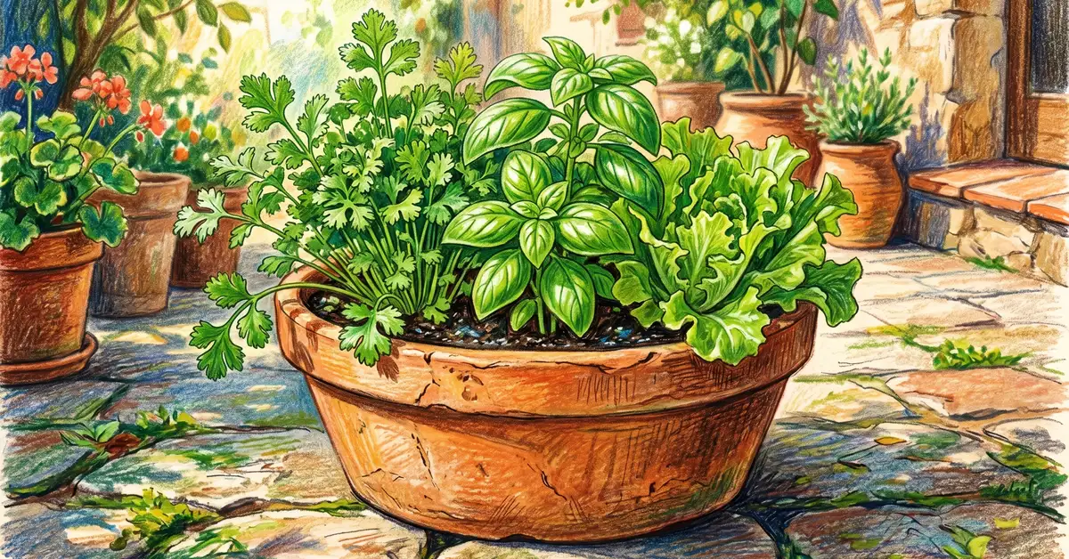 Terracotta container with cilantro, basil, and lettuce growing together on a sunny patio.