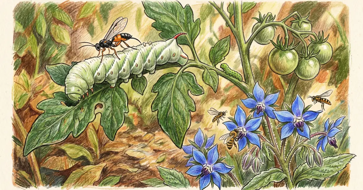 Pencil-crayon close-up of a tomato hornworm caterpillar being attacked by a small predatory braconid wasp on a tomato plant with borage flowers blooming nearby
