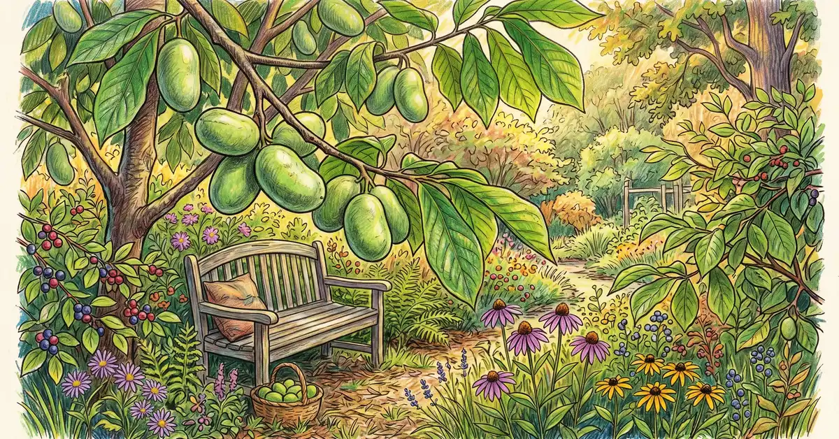 Pencil crayon close-up of a Virginia backyard food forest with mature pawpaw trees in fruit and native plants