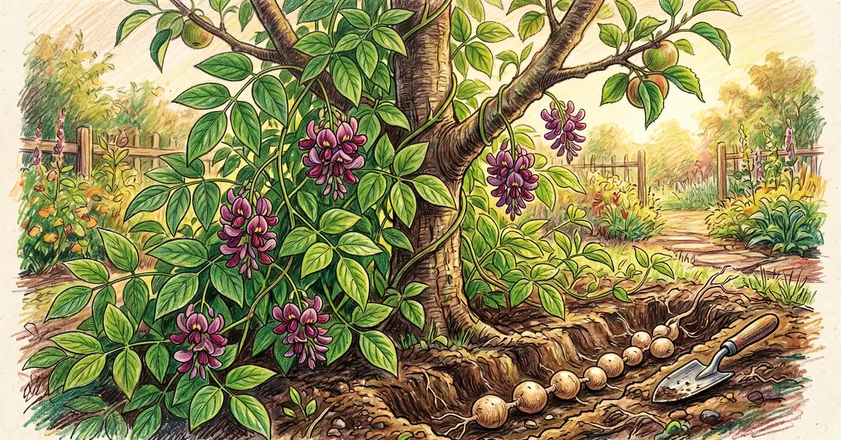 Pencil-crayon close-up of American groundnut vines climbing a young fruit tree with maroon-purple flowers and a string of pearl-like edible tubers shown at the base