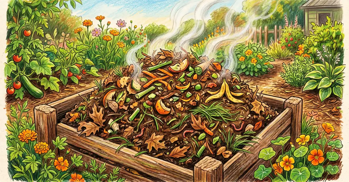 Close-up pencil crayon illustration of an active backyard compost pile in summer with kitchen scraps, fallen leaves, grass clippings, and steam rising