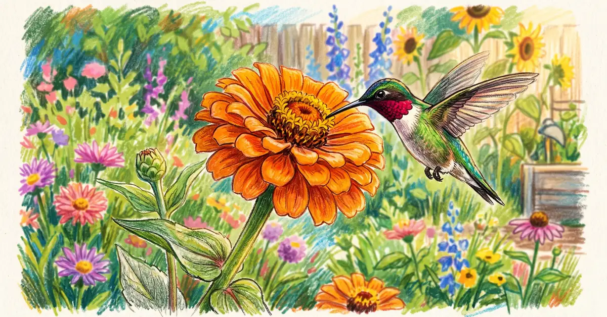 Close-up of an orange zinnia flower with a hummingbird hovering near it.
