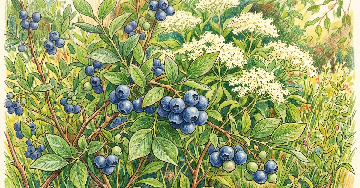 Pencil crayon close-up of blueberry shrubs heavy with ripe dark blue berries with elderberry plants in flower behind