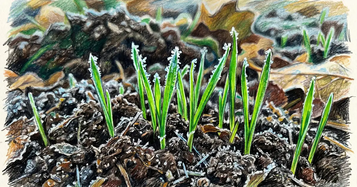 Bright green winter rye seedlings emerging from soil in late autumn, pencil crayon illustration