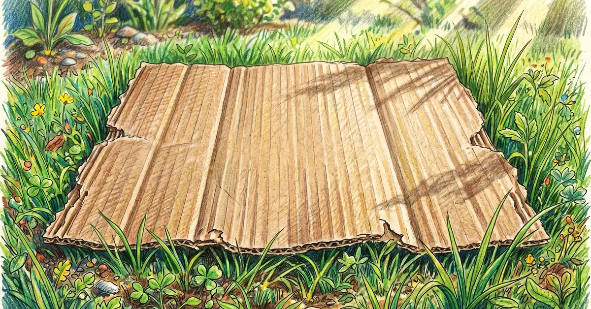 Close-up of clean brown corrugated cardboard sheet on grass with tape and labels removed.