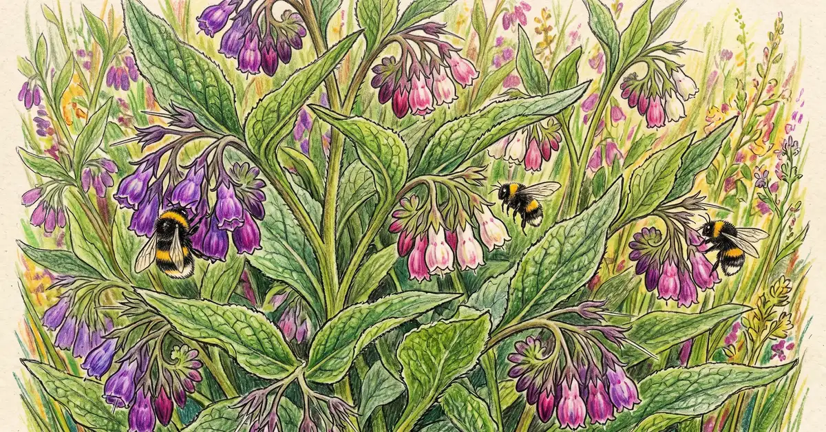 Pencil crayon close-up of comfrey plants in full flower with purple and white bell-shaped flowers and large green leaves with bumblebees visiting