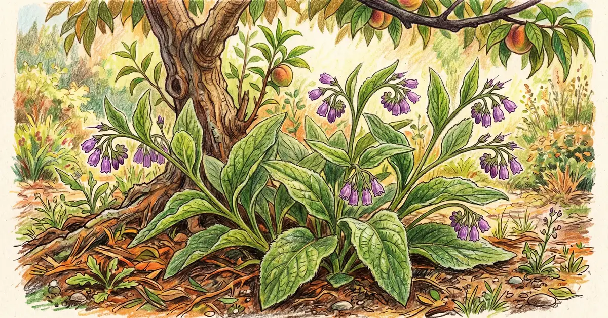 Close-up pencil crayon illustration of comfrey plants with large green leaves and purple flowers at the edge of a peach tree drip line