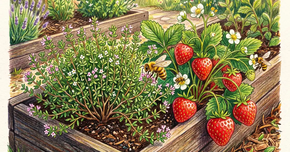 Pencil crayon close-up of common English thyme growing next to ripe red strawberries with bees pollinating
