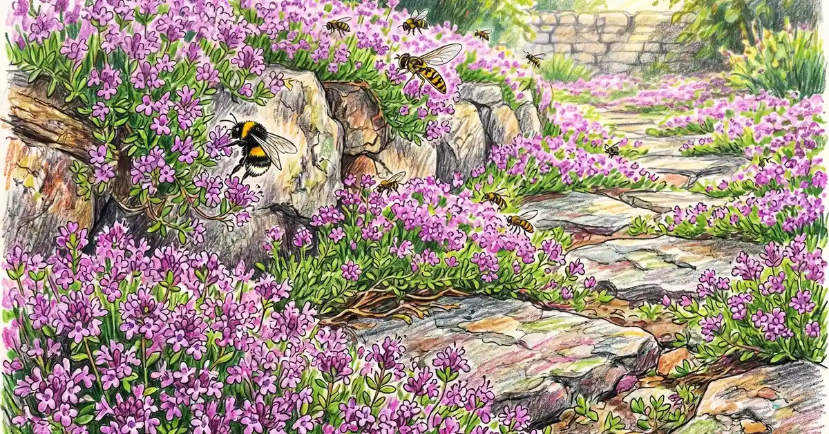 Pencil crayon close-up of creeping thyme in full bloom with masses of tiny purple-pink flowers covering a stone path with bees visiting