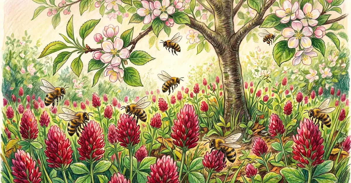 Pencil-crayon close-up of crimson clover blooming under a young apple tree as living mulch with bees visiting both flowers