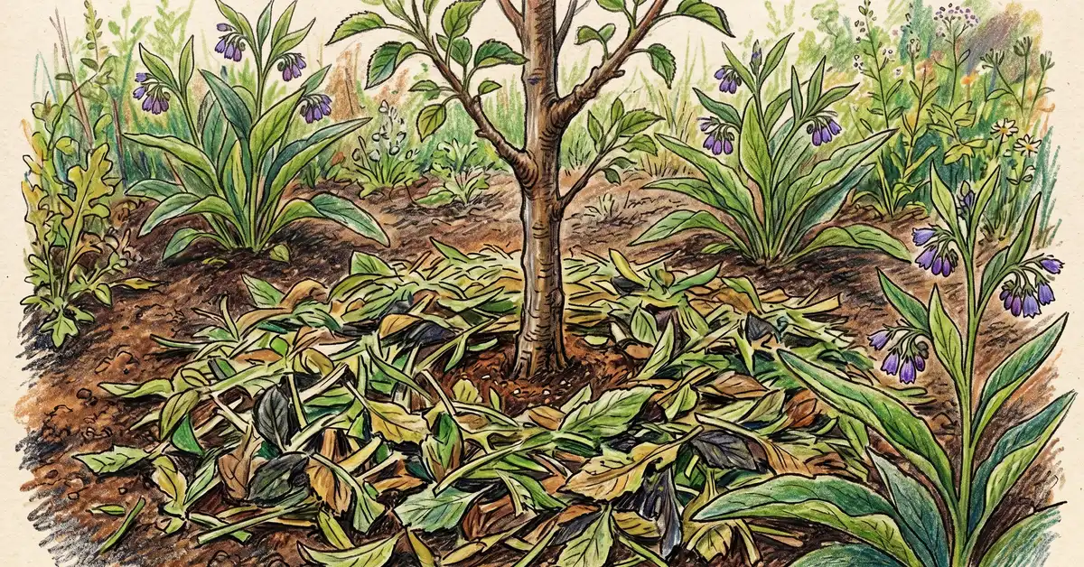 Pencil crayon close-up of cut comfrey leaves spread as chop-and-drop mulch around the base of a young apple tree with comfrey growing at the drip line