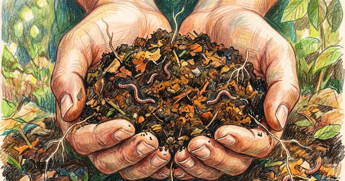 Close-up illustration of dark crumbly humus-rich soil in cupped hands.