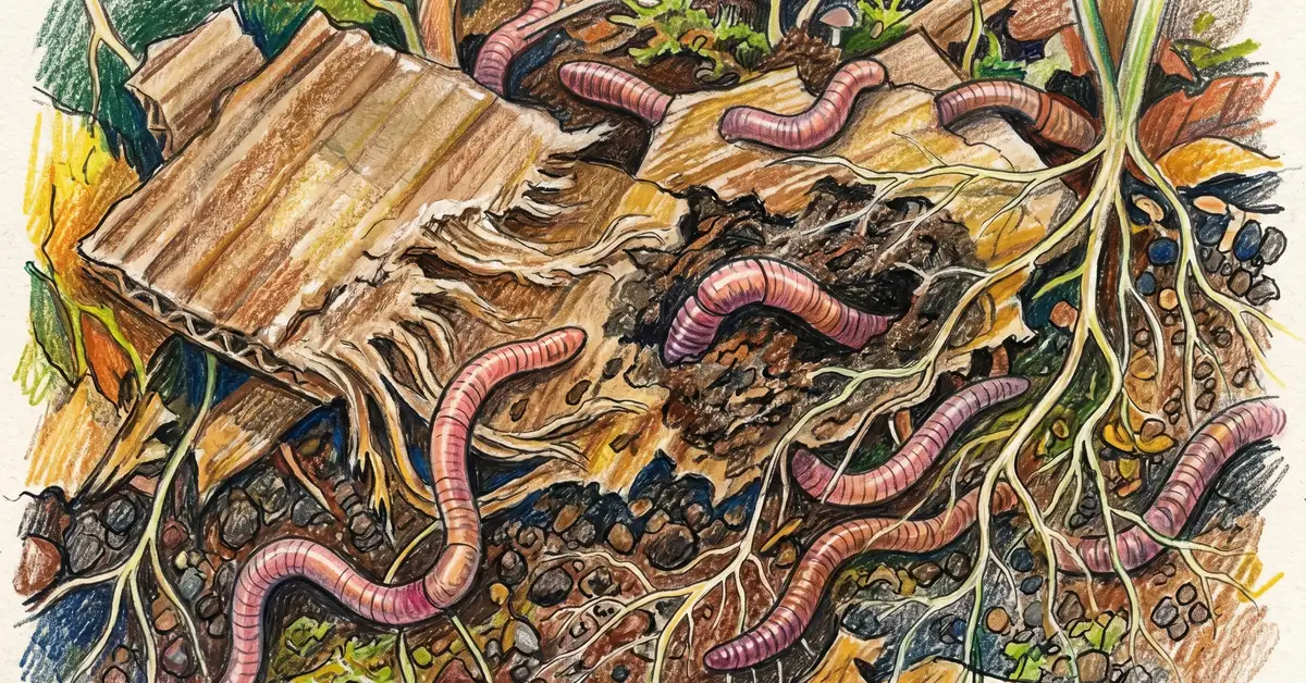 Close-up of earthworms and decomposing cardboard with plant roots growing through into rich dark soil.