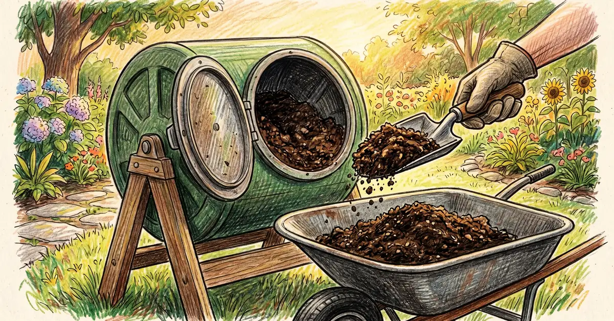 Pencil-crayon close-up of finished dark brown crumbly compost being scooped out of a tumbler hatch into a wheelbarrow demonstrating rich mature backyard compost