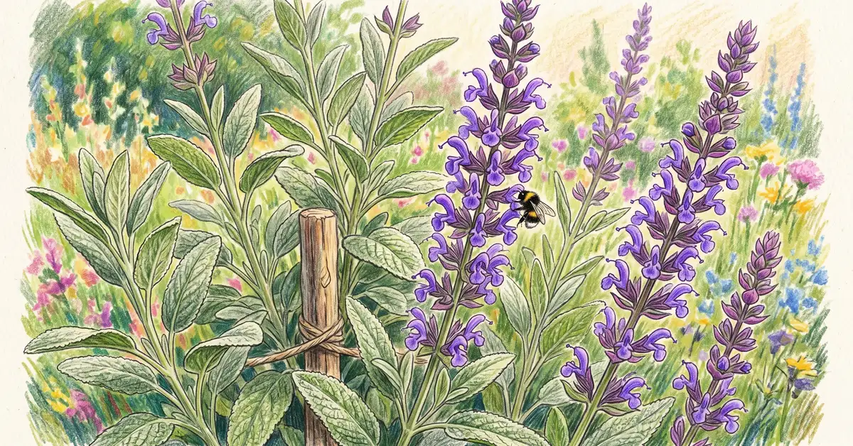Pencil-crayon close-up of garden sage Salvia officinalis with silvery-green textured leaves and tall purple flower spikes blooming demonstrating mature plant form and color