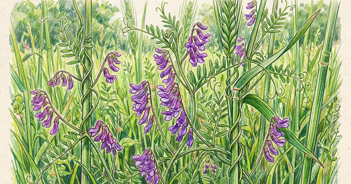 Close-up pencil crayon illustration of hairy vetch with purple flowers climbing through tall cereal rye stems in spring