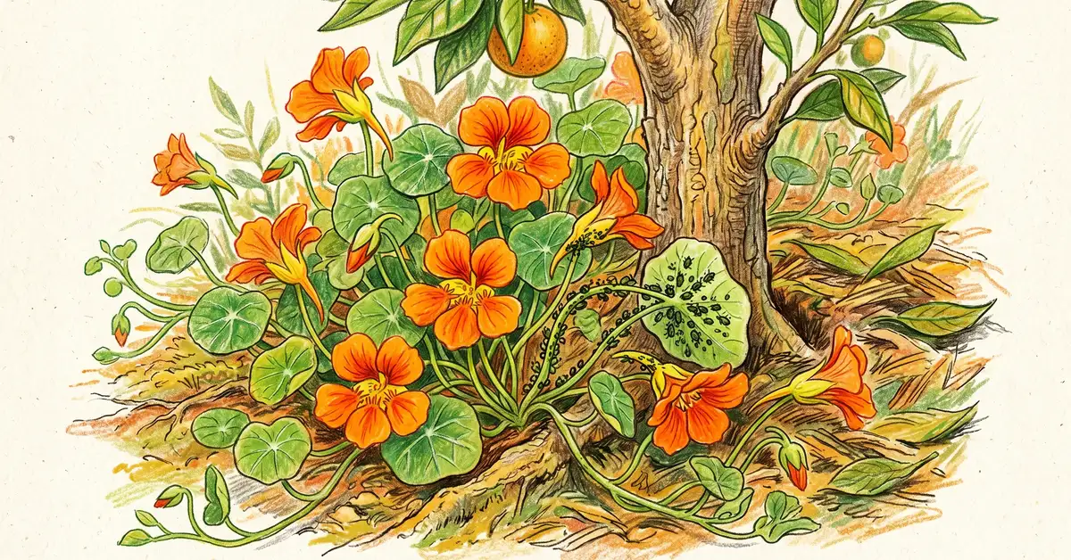 Pencil-crayon close-up of orange nasturtium flowers and trailing leaves at the base of a young orange tree with aphids drawn to the nasturtium as a trap crop