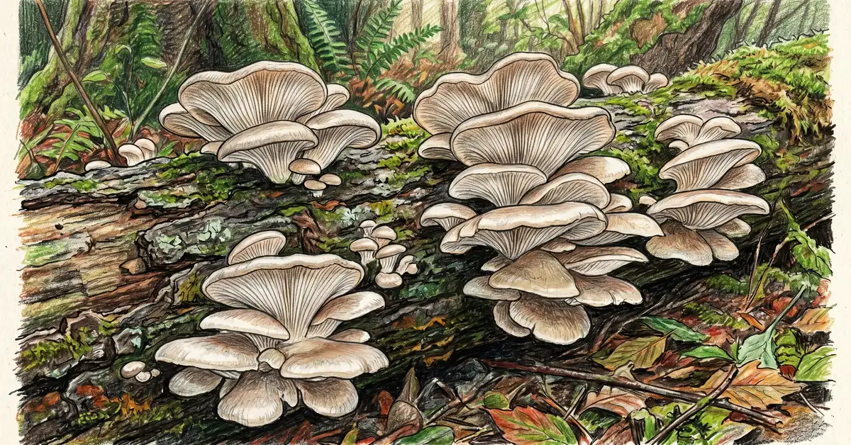 Pencil crayon close-up of an oyster mushroom cluster fruiting on a poplar log
