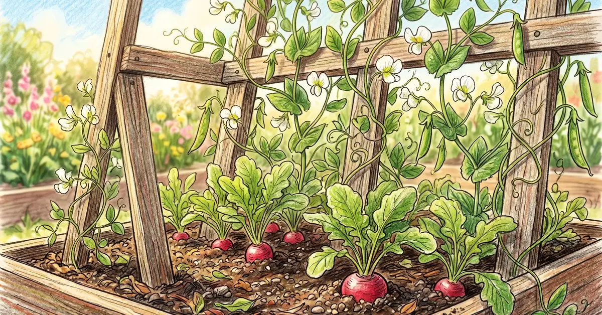 Pencil crayon close-up of radish plants growing between climbing pea vines on a wooden trellis with white pea blossoms