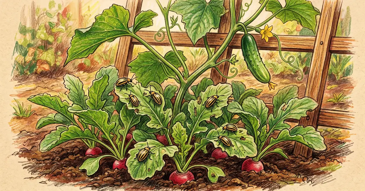 Pencil crayon close-up of radishes planted around the base of a cucumber vine acting as a trap crop with striped cucumber beetles on the radish leaves