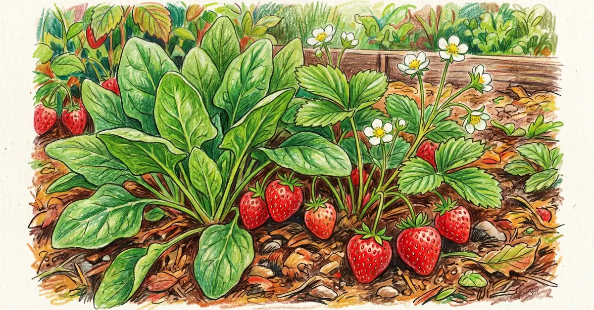 Pencil-crayon close-up of red strawberries growing alongside lush green spinach leaves with the spinach shading the strawberry roots