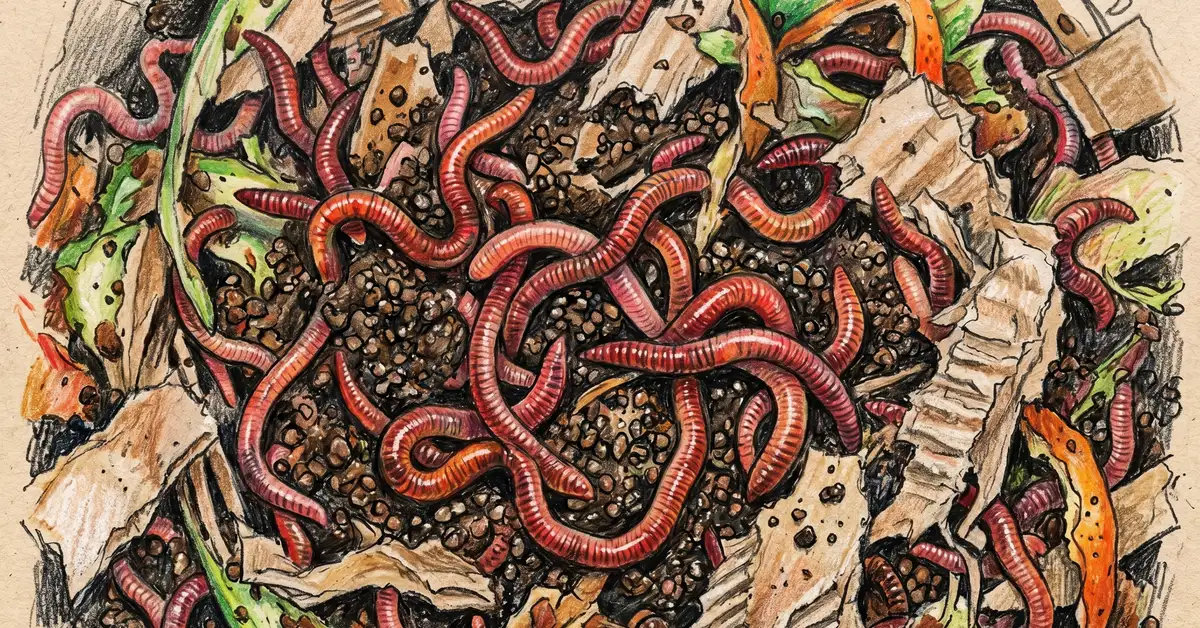 Close-up pencil crayon illustration of red wiggler worms in dark moist worm castings with bits of shredded cardboard