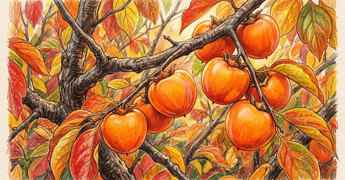 Pencil crayon close-up of ripe orange American persimmon fruits hanging from a branch in late autumn with red and yellow leaves