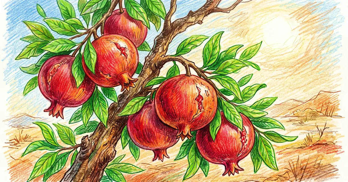 Close-up pencil crayon illustration of ripe red pomegranate fruits hanging from a pomegranate tree branch against a dry summer sky