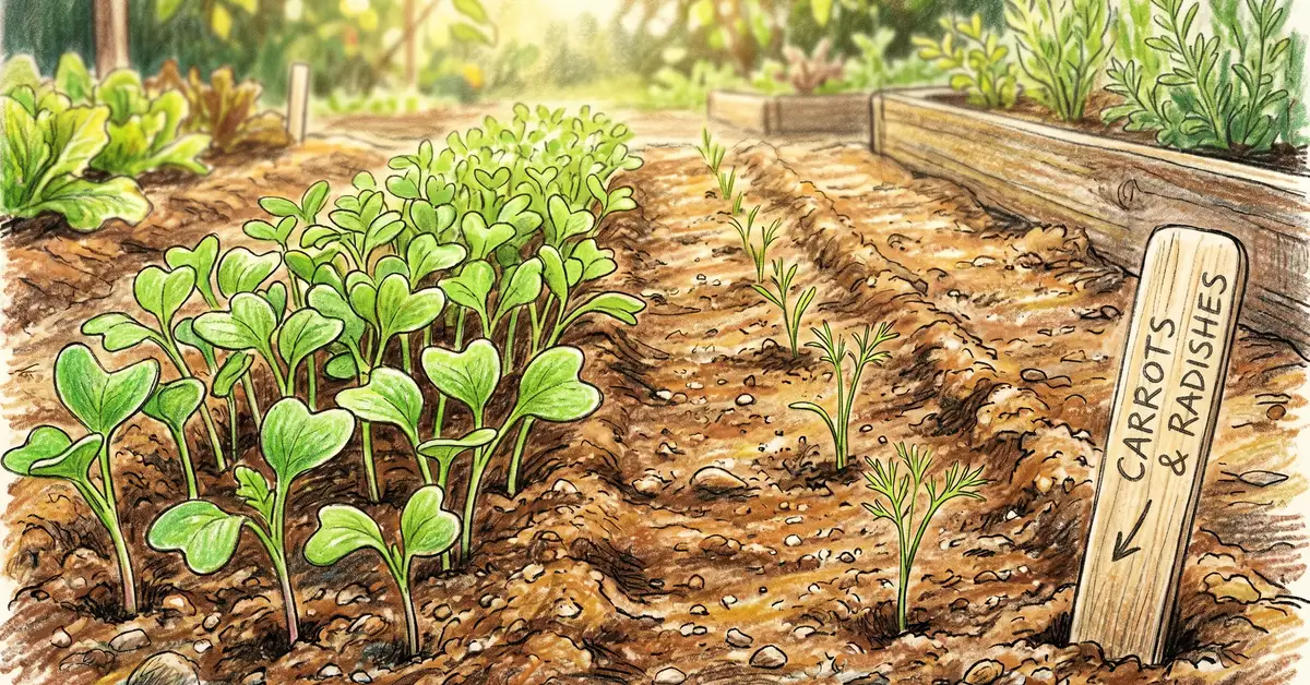 Pencil crayon close-up of bright green radish seedlings emerging next to slower-growing carrot seedlings in a sunlit garden row