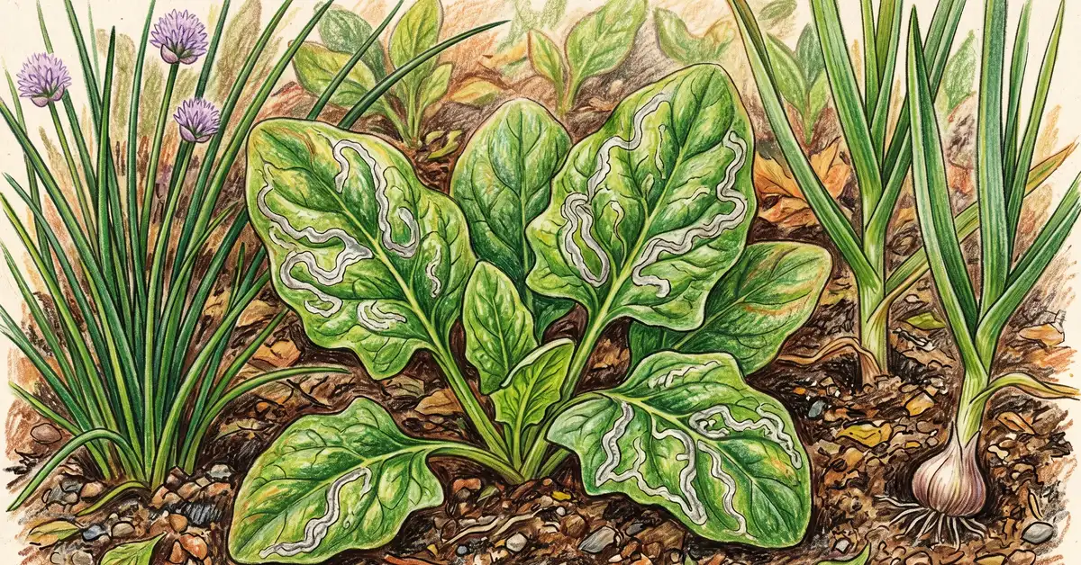Pencil-crayon close-up of spinach leaves with silvery serpentine leafminer tunnel damage and garlic and chive plants nearby as natural deterrents