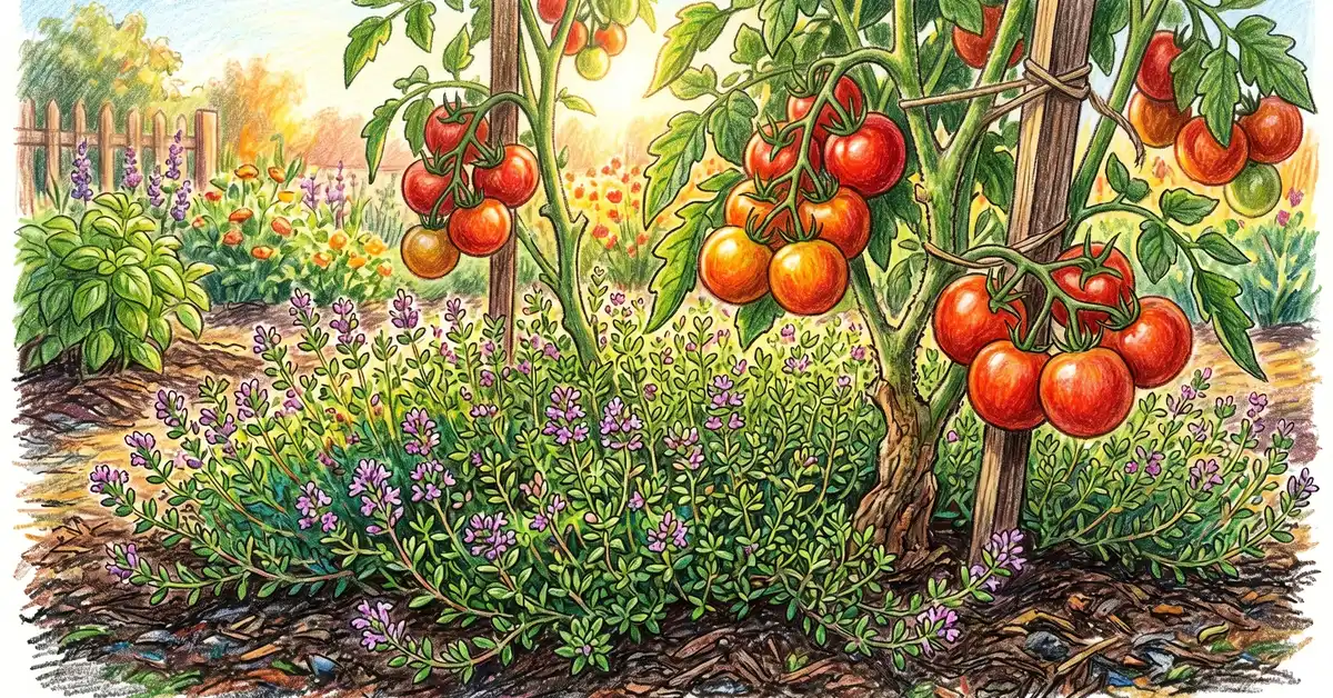 Pencil crayon close-up of thyme growing at the base of red ripe tomato plants as living mulch and pest deterrent