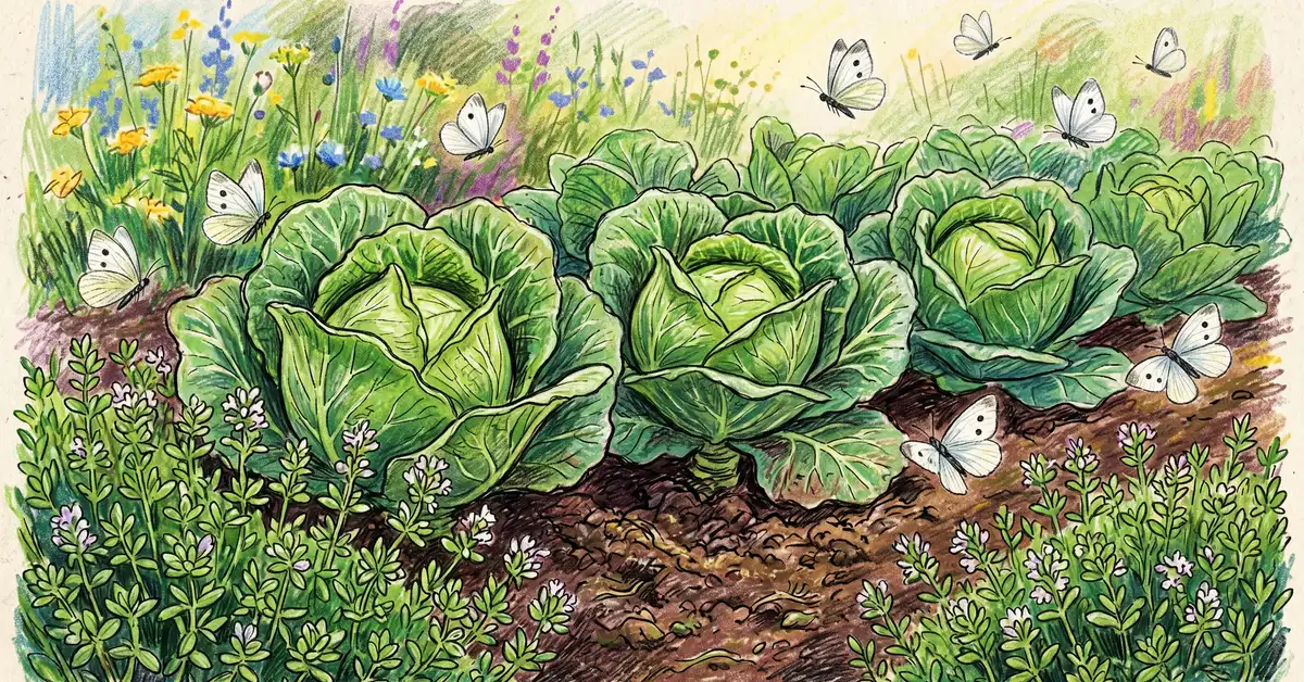 Close-up pencil crayon illustration of thyme growing as living mulch around the base of cabbage heads with white cabbage moths flying away