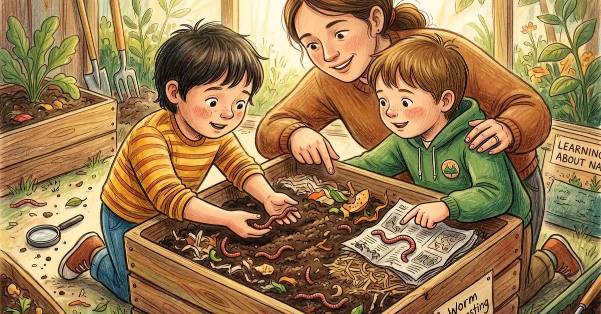 Pencil-crayon close-up of two children opening a worm composting bin and gently picking up red wiggler worms while a parent supervises