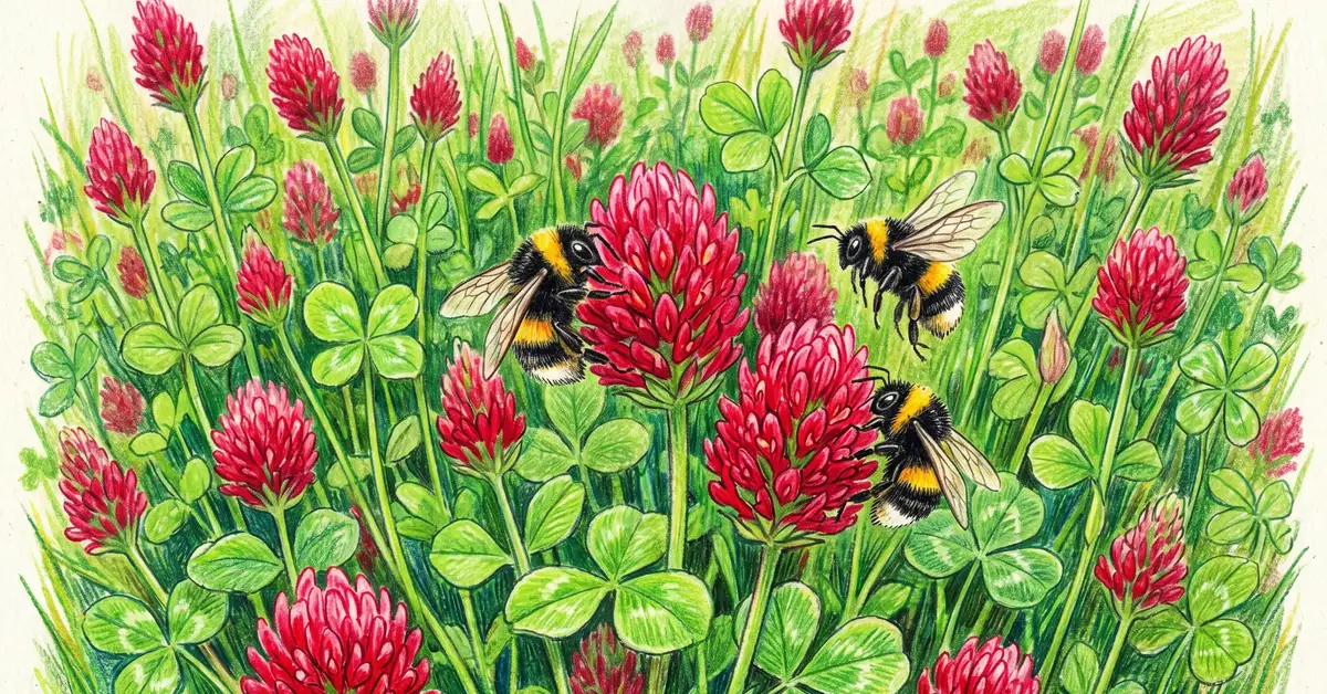 Close-up pencil crayon illustration of vibrant crimson clover flowers blooming bright red with bumblebees visiting