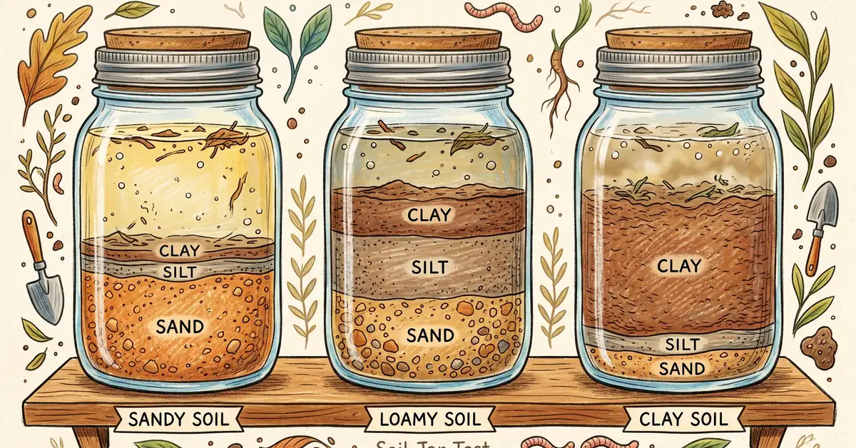 Pencil-crayon comparison of three soil samples in glass jars showing soil texture jar test results: sandy soil, loamy soil, and clay soil with distinct layered settling