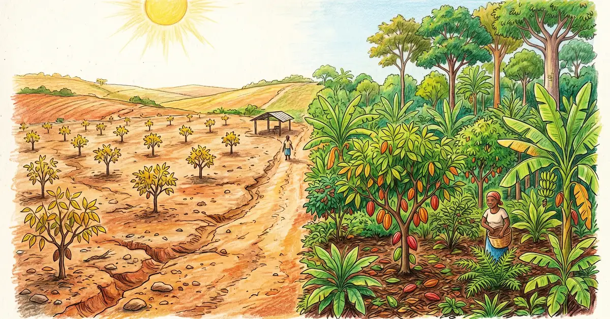 Pencil-crayon comparison of a degraded sun-exposed cocoa monoculture with sparse trees and bare soil on the left contrasted with a thriving multistory syntropic cocoa agroforest with bananas and tall canopy trees on the right