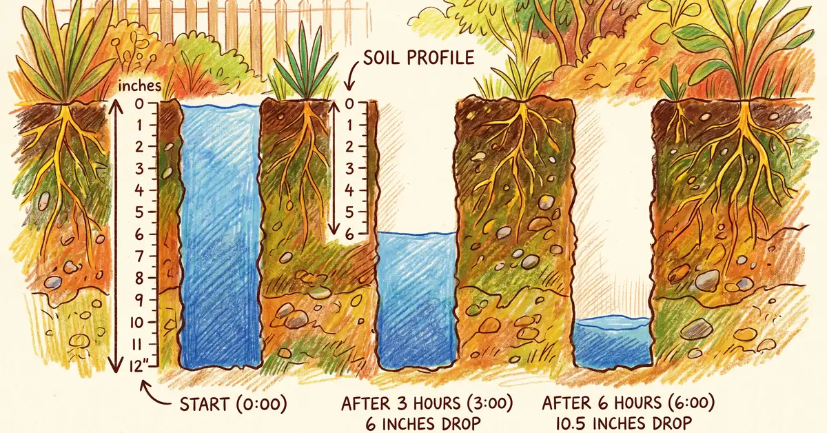 Pencil-crayon cross-section diagram of a 12-inch deep test hole in garden soil with water level dropping at three time-stamps and a ruler marking inches