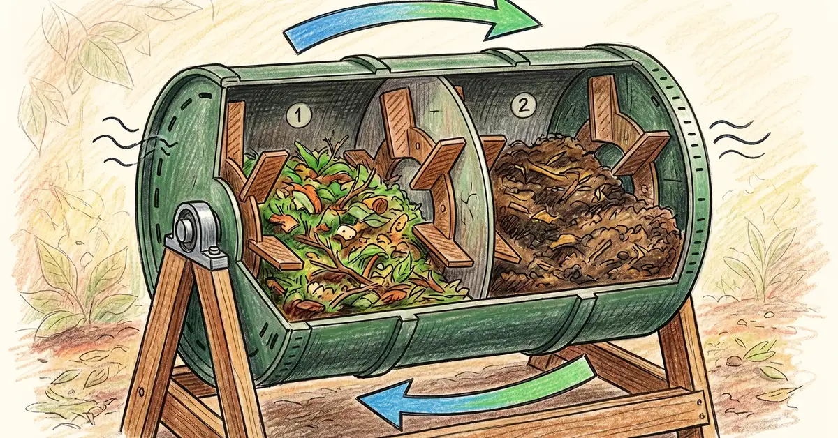 Pencil-crayon cross-section diagram of a dual chamber compost tumbler showing two separate chambers inside one rotating barrel with internal mixing fins, external ventilation slots, and rotation arrows