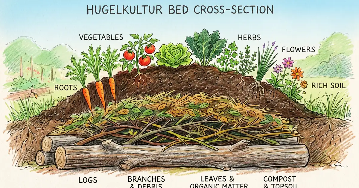 Pencil-crayon cross-section diagram of a Sepp Holzer style hugelkultur bed with logs at the bottom, branches and woody debris in the middle, leaves, compost, and topsoil on top, with vegetables and herbs growing on the surface