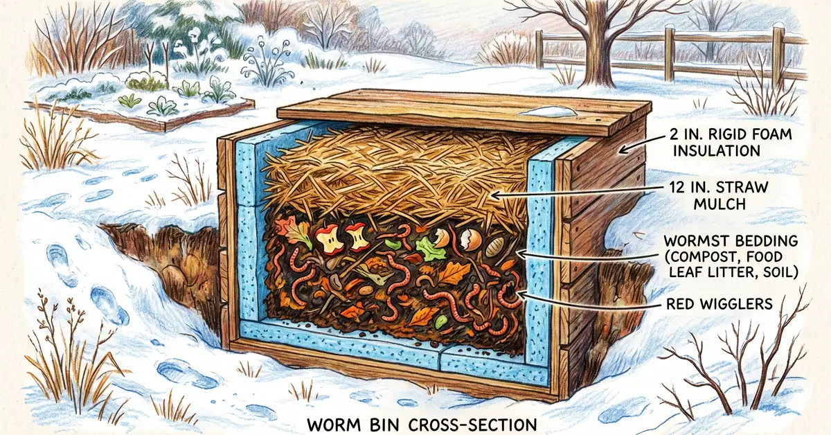 Cross-section illustration of an outdoor worm bin insulated for winter with rigid foam insulation and 12 inches of straw mulch on top, snowy ground outside