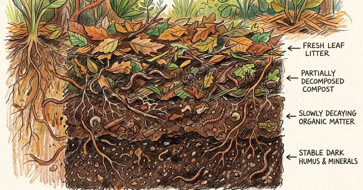 Cross-section pencil crayon illustration showing the soil decomposition continuum from fresh leaf litter through partially decomposed compost down to stable dark humus